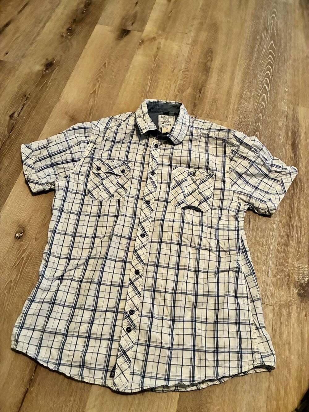 Buffalo David Bitton Plaid Button Down Shirt Size L Blue White Short Sleeve